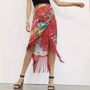 FARM Rio Anthropology Orange Red Asymmetrical Wrap Midi Skirt with Fringe